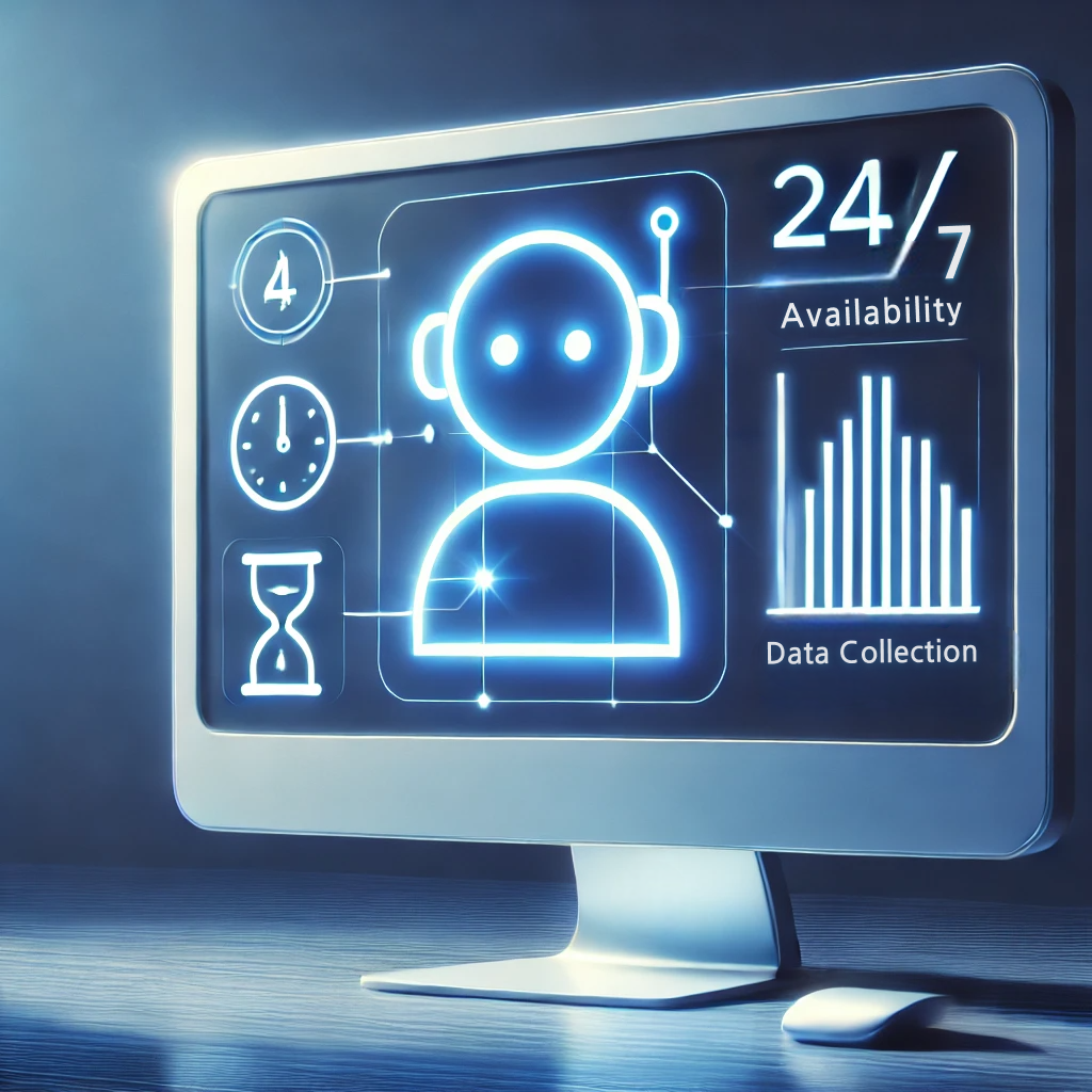 Computer screen displaying AI data and 24/7 availability