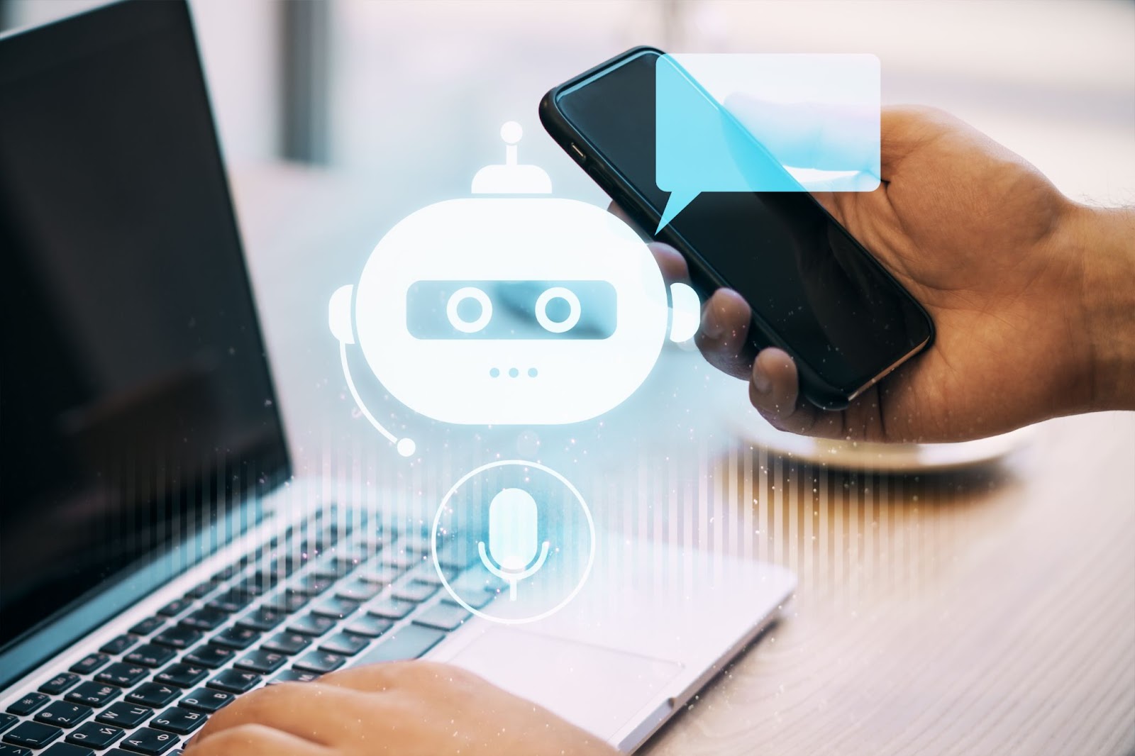 AI chatbot illustration with phone and laptop.