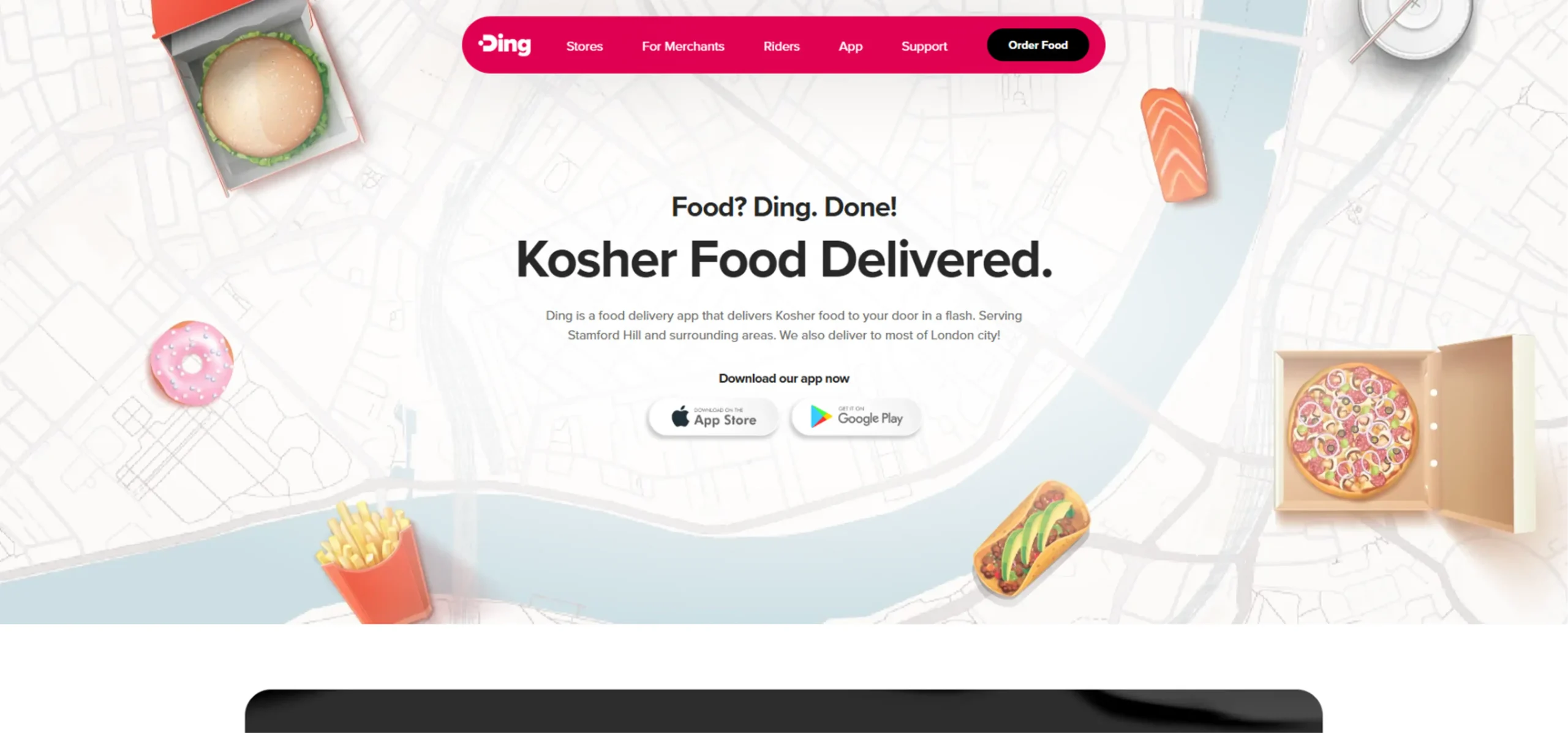 Food delivery website landing page hero section with online ordering badges